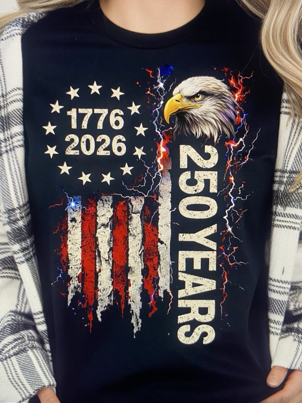 America 250 Year Patriotic T-shirt Size XL Eagle Flag Short Sleeve Black Unisex